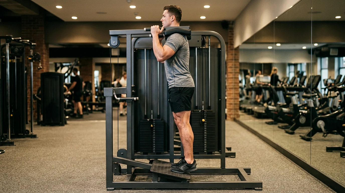 Extension de mollet debout sur machine, genou tendu, vue de profil