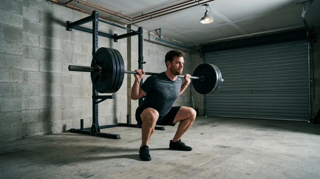 homme en train de realiser un squat avec barre, exercice polyarticulaire de base