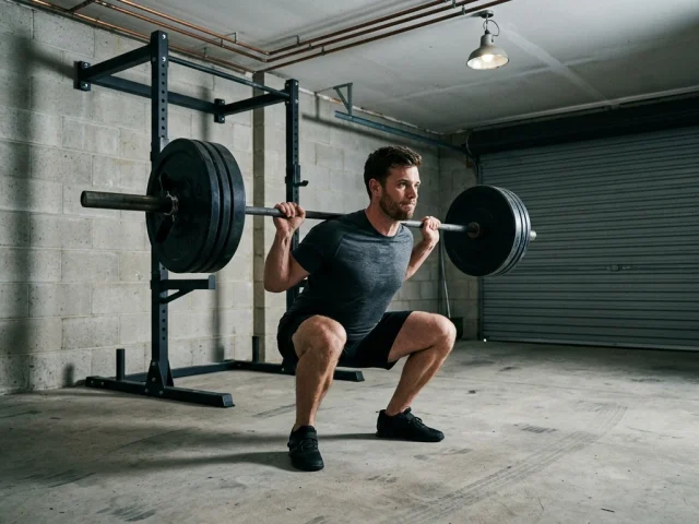 homme en train de realiser un squat avec barre, exercice polyarticulaire de base