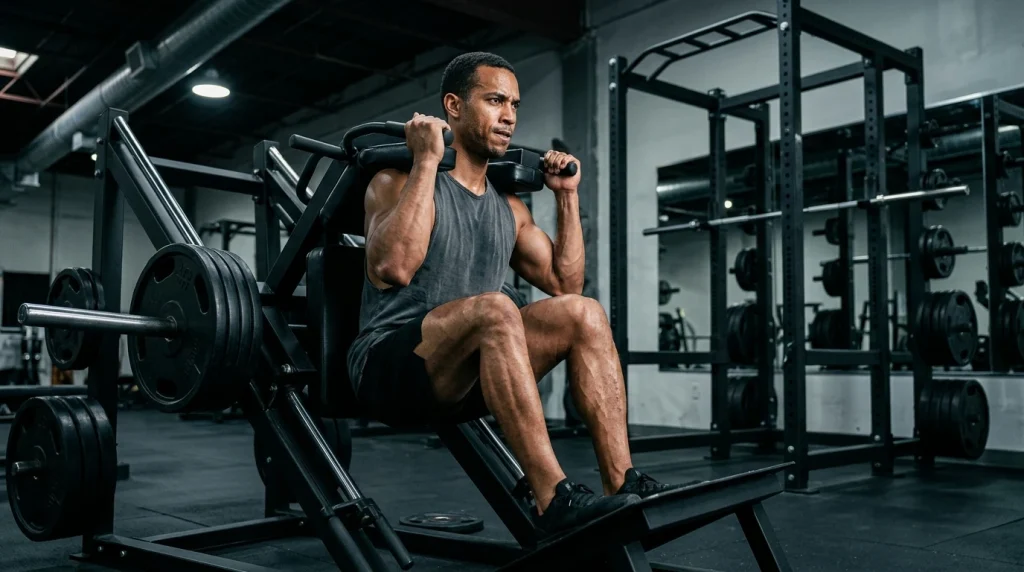 exercice quadriceps en salle : hack squat en position basse