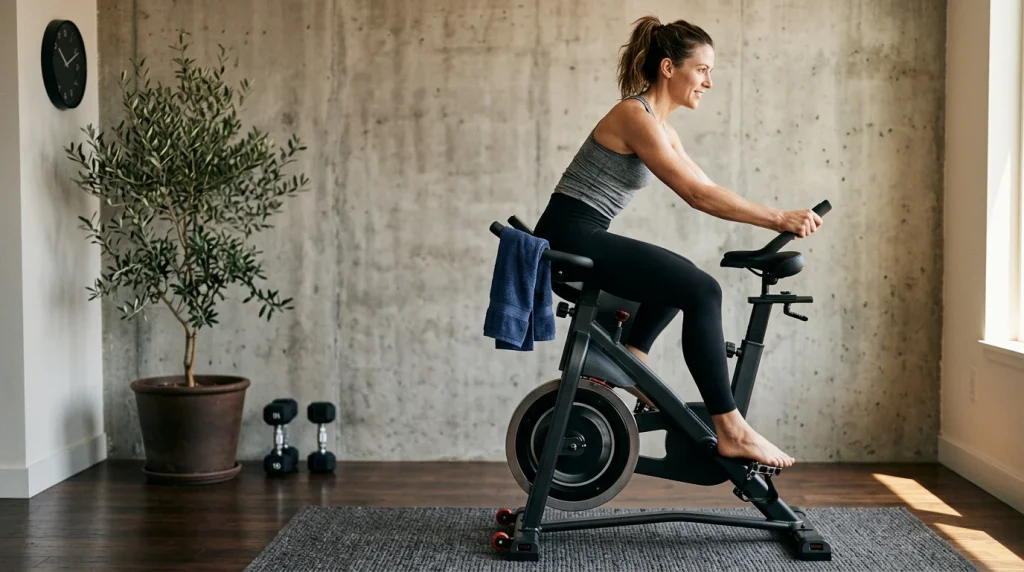 Personne faisant 20 minutes de vélo d'appartement par jour chez elle