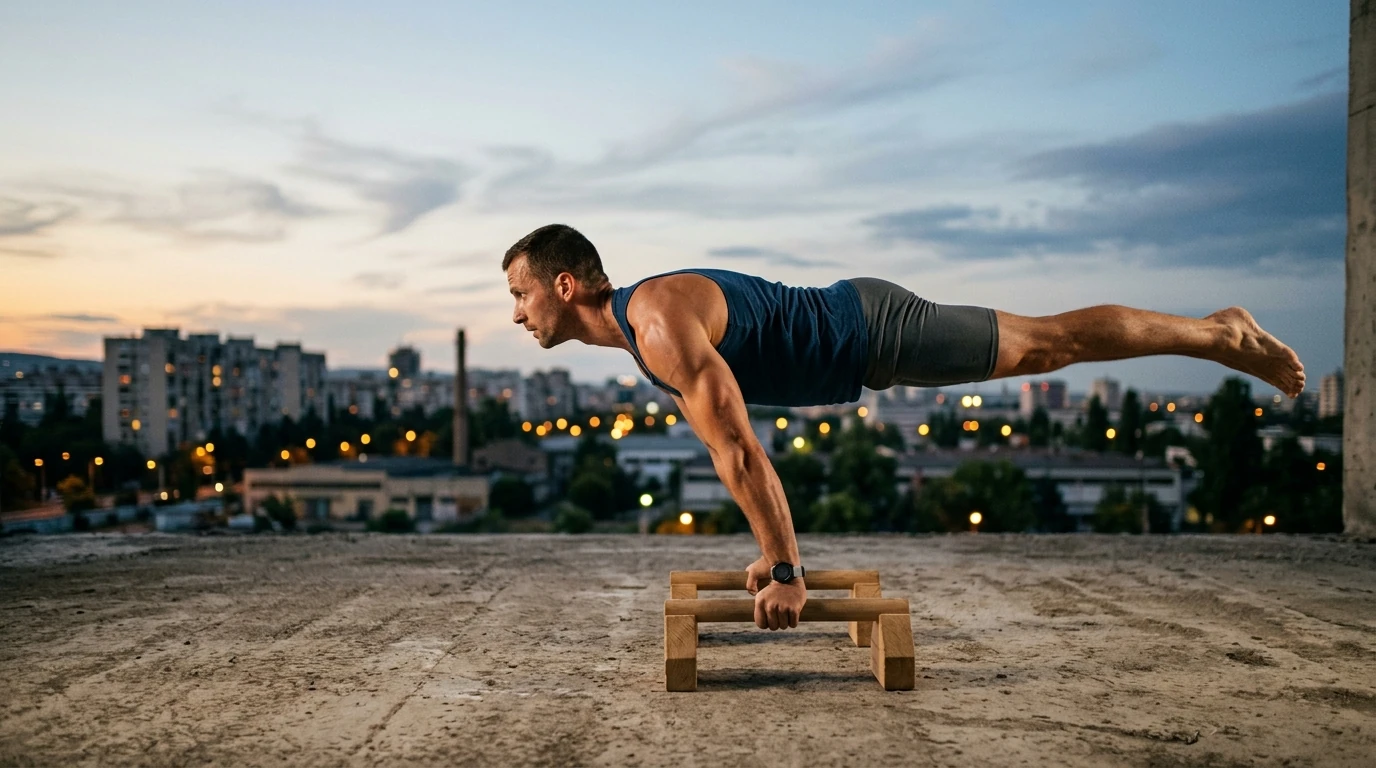 Athlète en position de full planche sur parallettes en extérieur