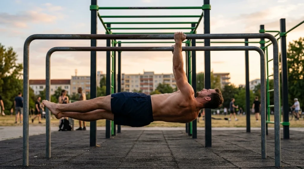 Pratiquant de street workout en position de front lever sur une barre exterieure