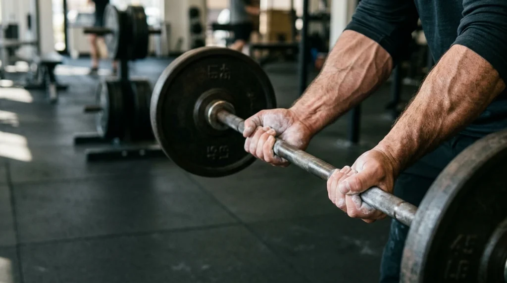 Gros plan sur une prise ferme en musculation, symbole du travail du grip
