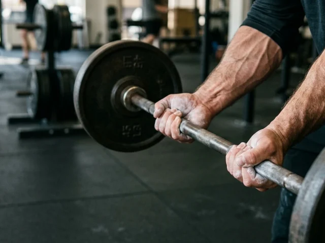 Gros plan sur une prise ferme en musculation, symbole du travail du grip