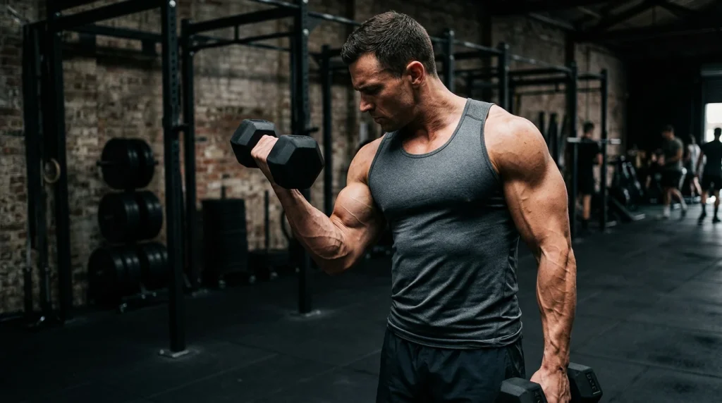 Hypertrophie musculaire en musculation : un pratiquant effectue un curl biceps en salle