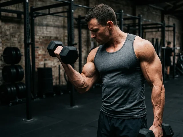 Hypertrophie musculaire en musculation : un pratiquant effectue un curl biceps en salle