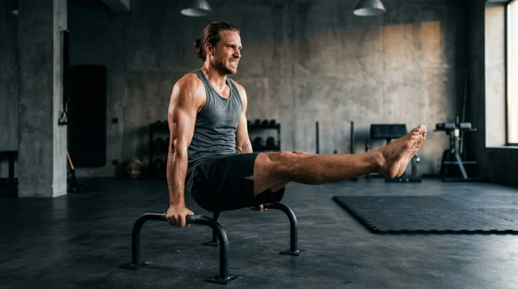 musculation isométrique : pratiquant en position de maintien statique sur barres parallèles