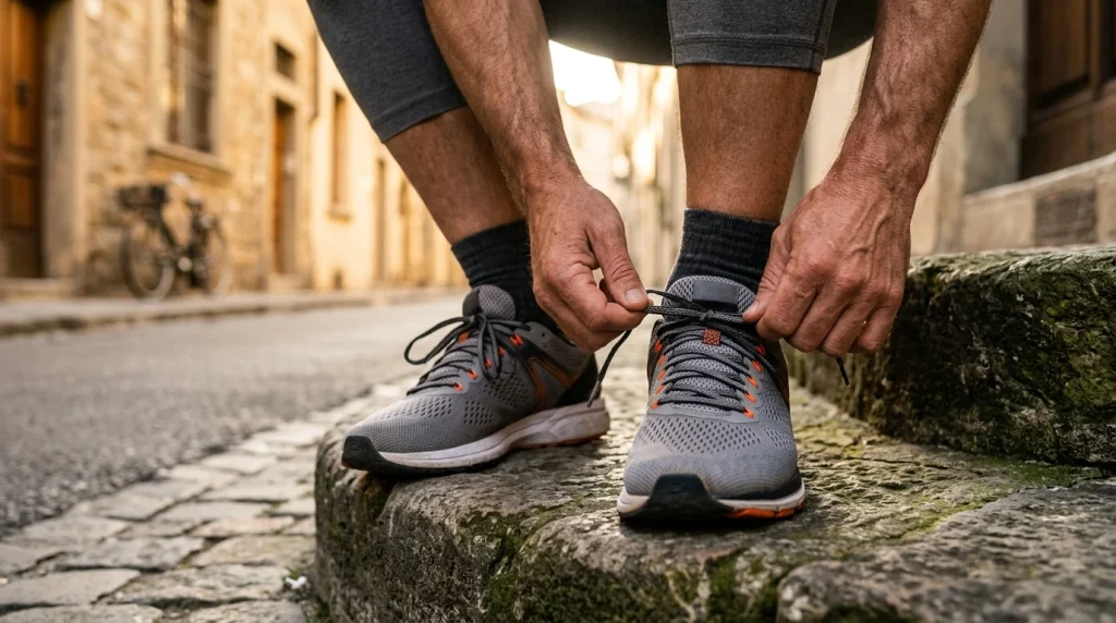 Coureur ajustant le laçage de ses chaussures de running