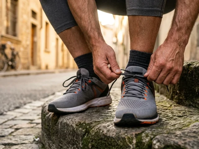 Coureur ajustant le laçage de ses chaussures de running