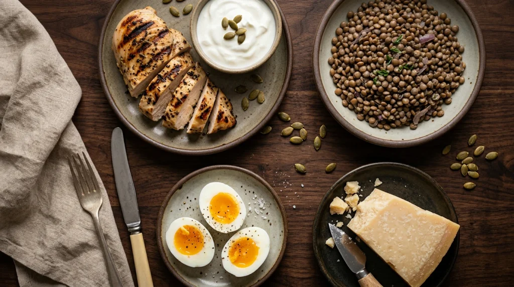 Sources alimentaires de leucine : viande, oeufs, legumineuses et produits laitiers