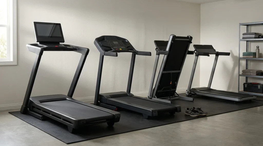 Quatre tapis de course pliables alignes dans un garage amenage