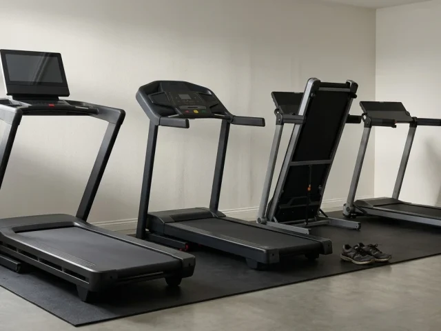 Quatre tapis de course pliables alignes dans un garage amenage