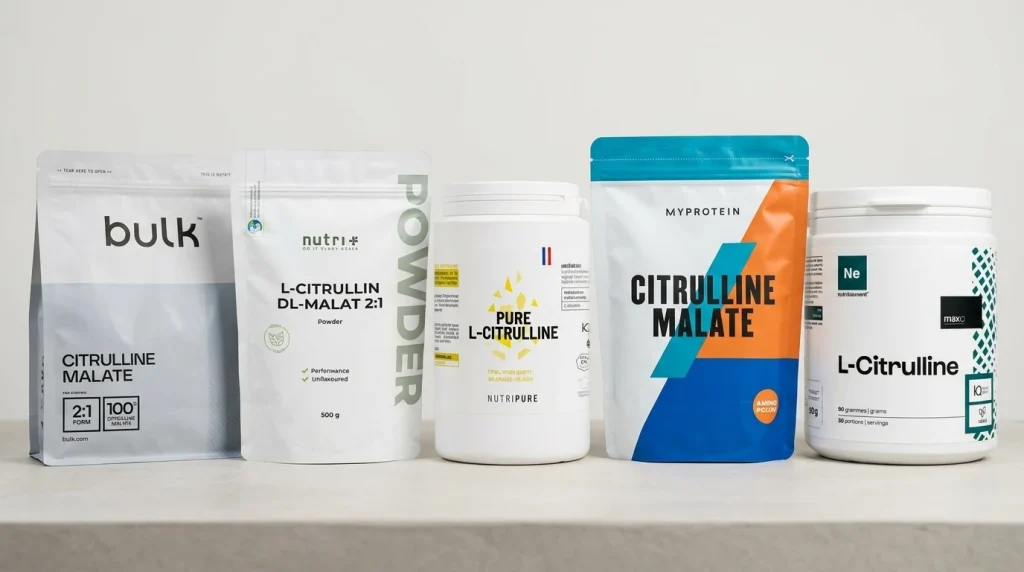 Comparatif des meilleures citrullines : packagings Bulk, Nutri+, Nutripure, Myprotein et Nutrimuscle