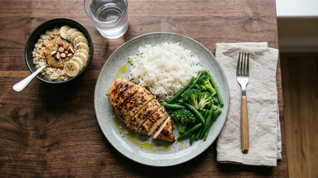 Assiette de prise de masse avec proteines, feculents et legumes pour un homme actif