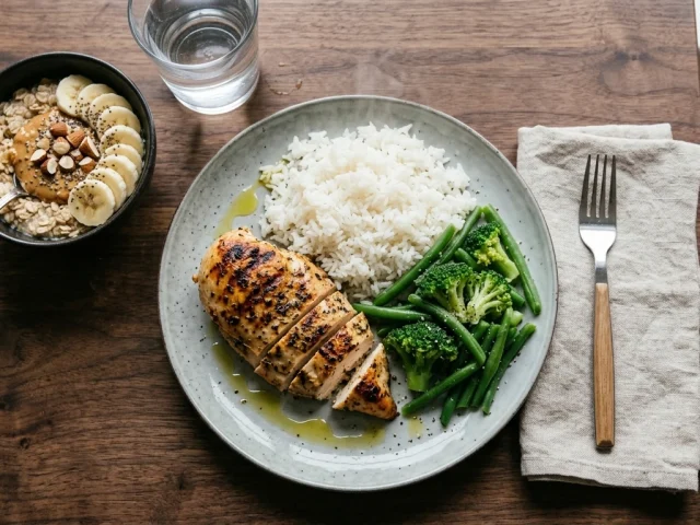 Assiette de prise de masse avec proteines, feculents et legumes pour un homme actif
