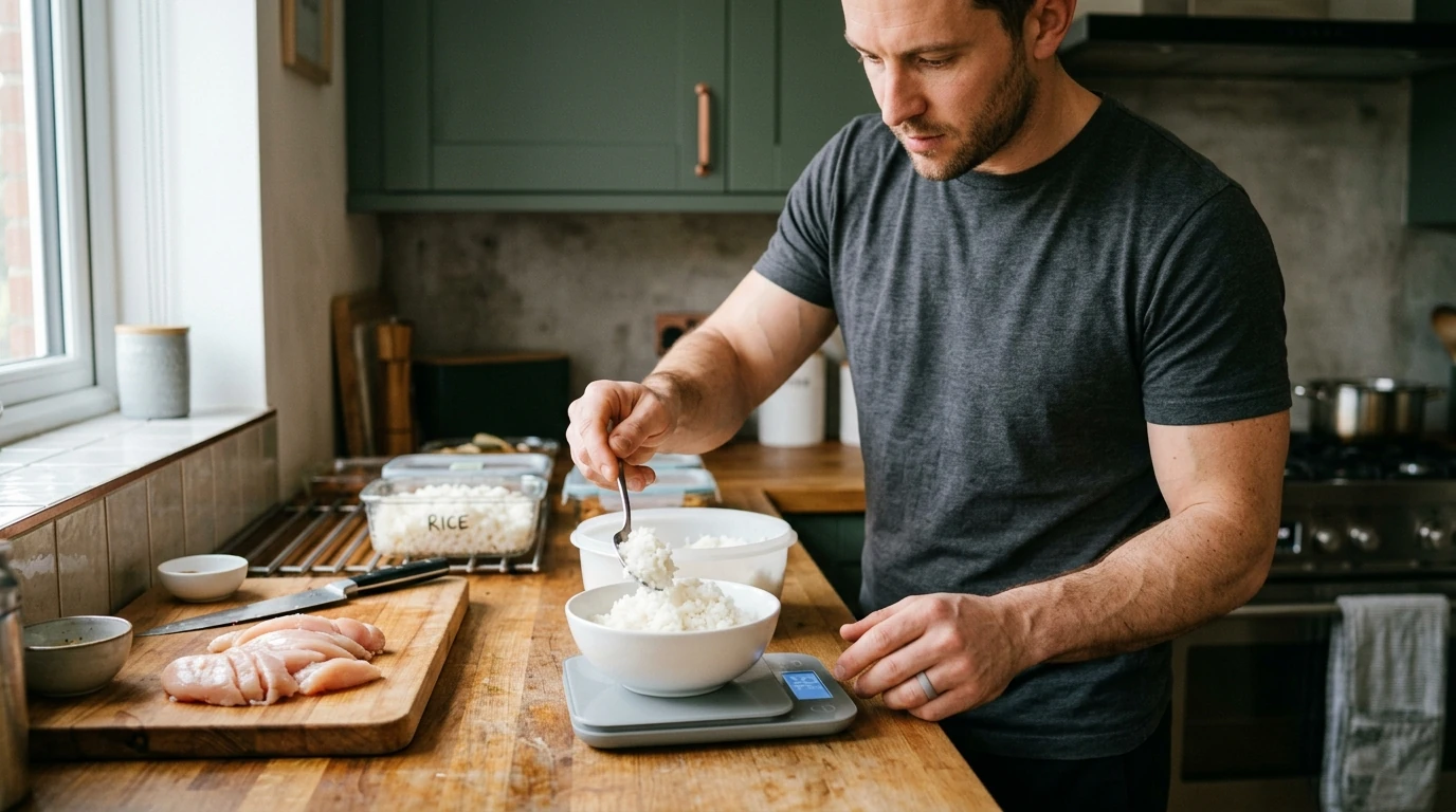 Portions pesées pour ajuster un menu de prise de masse selon son poids