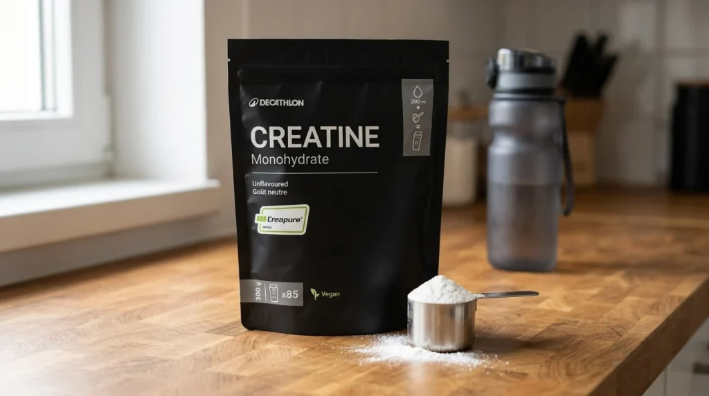 Sachet de creatine monohydrate Creapure Decathlon sur un plan de travail, doseur de poudre et bouteille de sport
