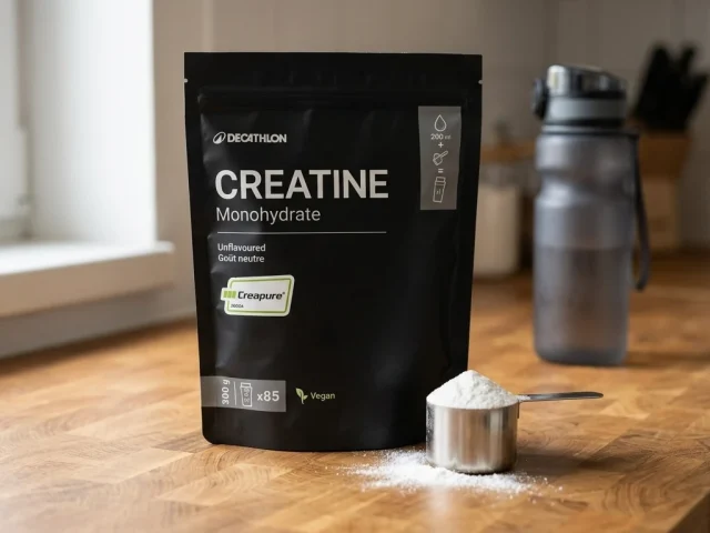 Sachet de creatine monohydrate Creapure Decathlon sur un plan de travail, doseur de poudre et bouteille de sport
