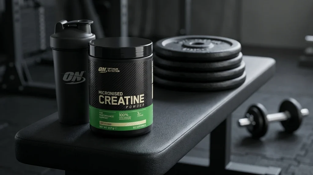 Pot Optimum Nutrition Micronised Creatine sur un banc de musculation avec disques et shaker