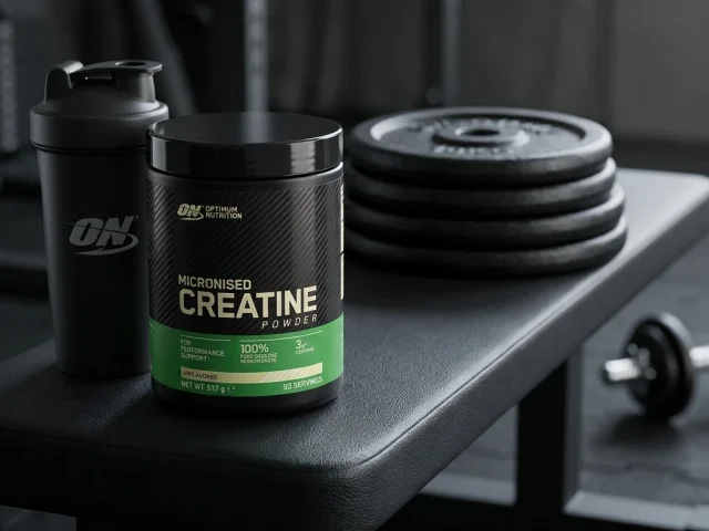 Pot Optimum Nutrition Micronised Creatine sur un banc de musculation avec disques et shaker