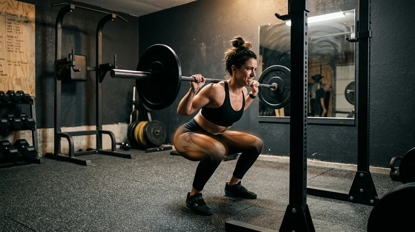 exercice de squat en musculation ciblant quadriceps, fessiers et ischio-jambiers