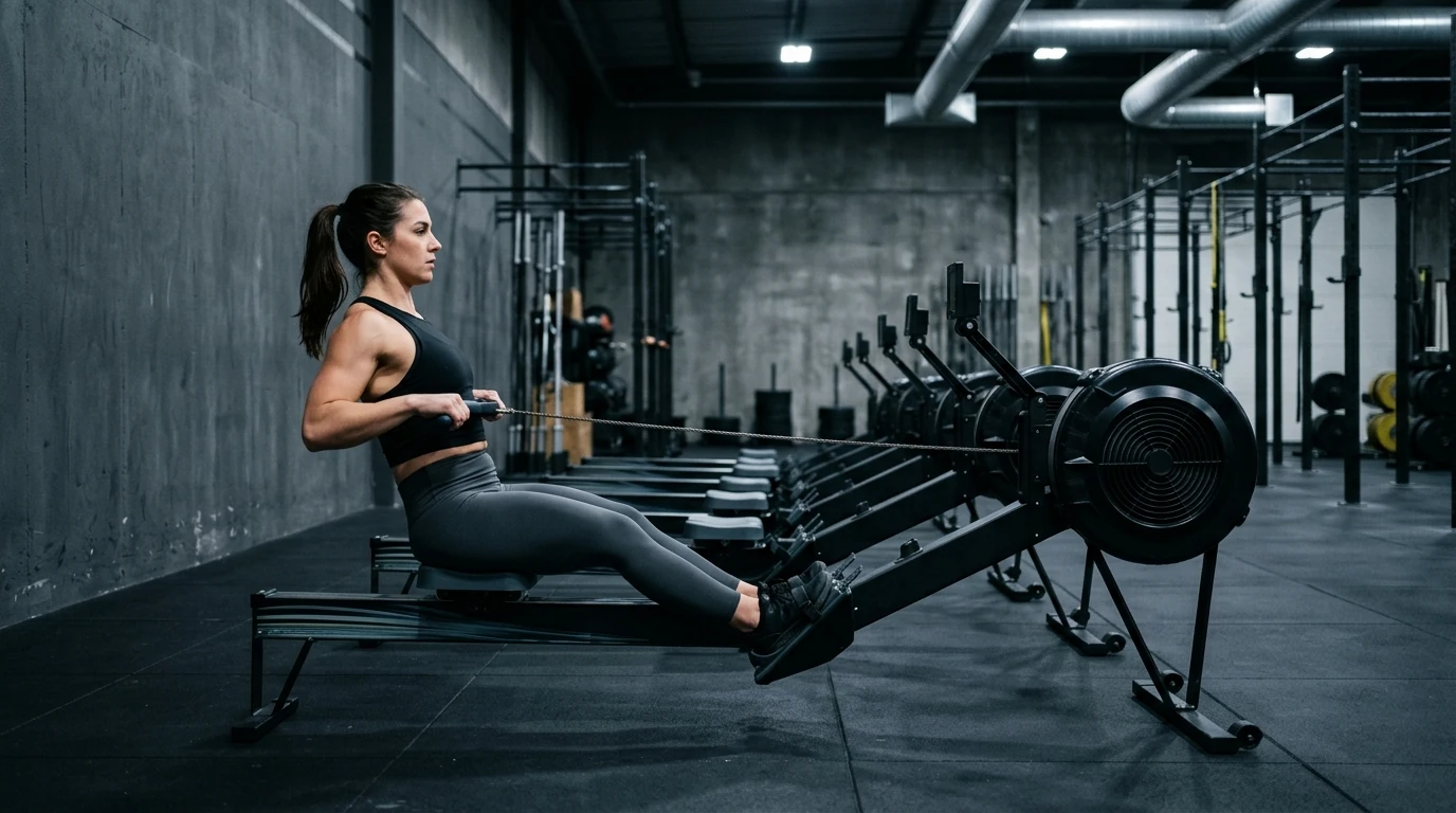 technique correcte au rameur en phase de tirage : dos droit, jambes tendues, coudes vers l'arrière