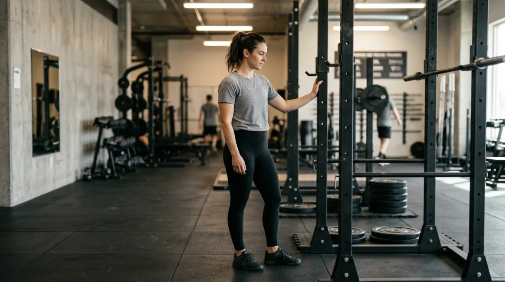 débutant en musculation face au matériel d'une salle de sport
