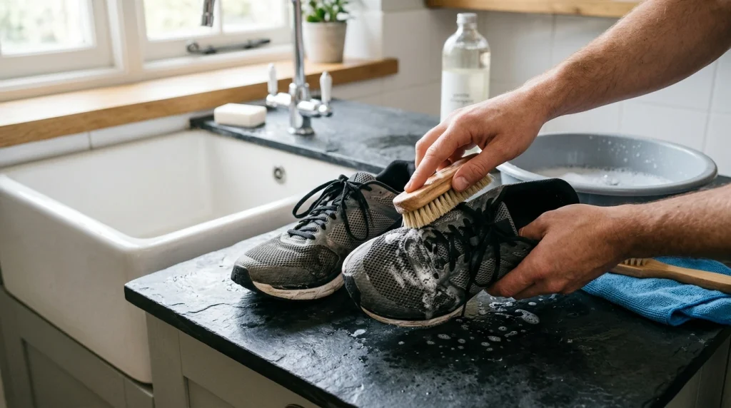 Nettoyage a la main d'une chaussure de running avec une brosse souple