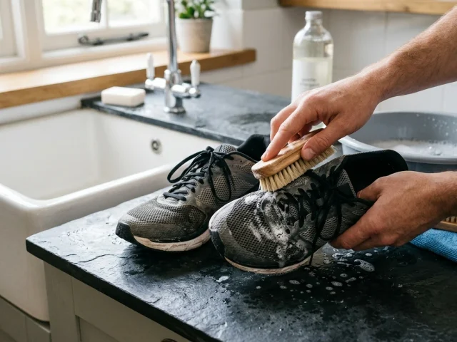 Nettoyage a la main d'une chaussure de running avec une brosse souple