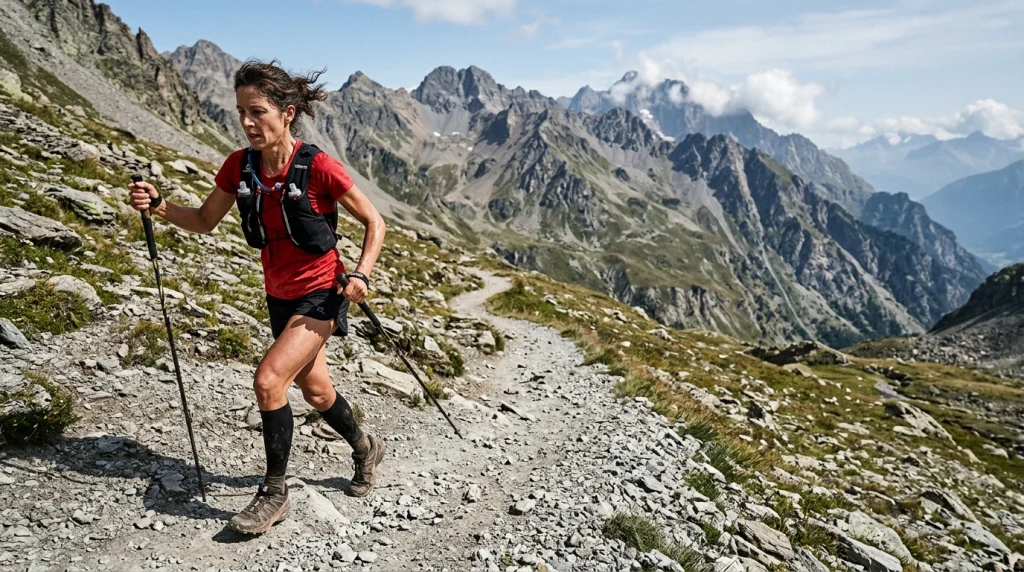 Coureuse en trail de montagne sur un sentier caillouteux en altitude, bâtons et gilet d'hydratation