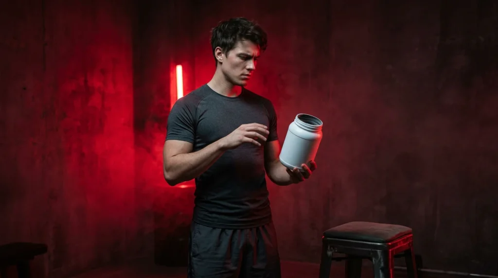 pre-workout dangereux : homme qui examine avec méfiance un pot de complément pré-entraînement sous une lumière rouge dramatique