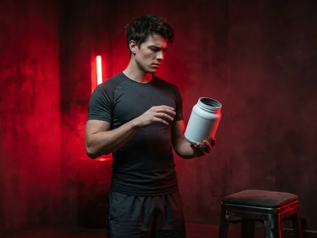 pre-workout dangereux : homme qui examine avec méfiance un pot de complément pré-entraînement sous une lumière rouge dramatique