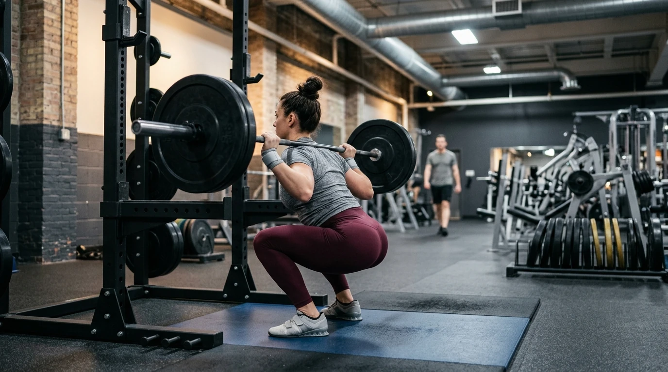 Femme réalisant un squat avec barre en musculation