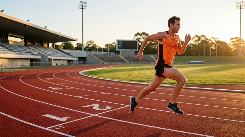 programme entrainement 10 km, coureur en pleine foulee sur piste de stade