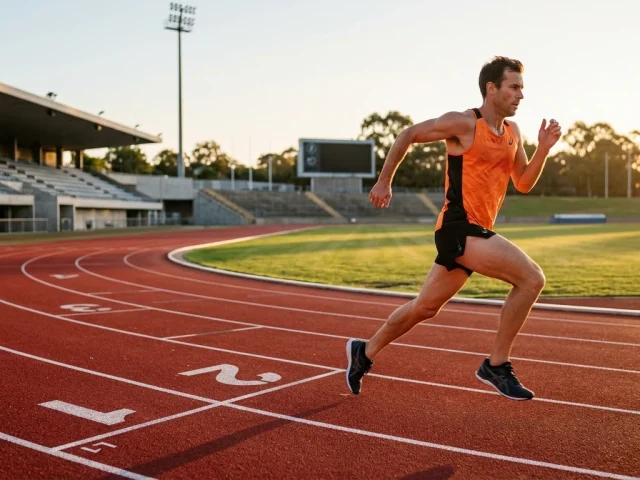 programme entrainement 10 km, coureur en pleine foulee sur piste de stade