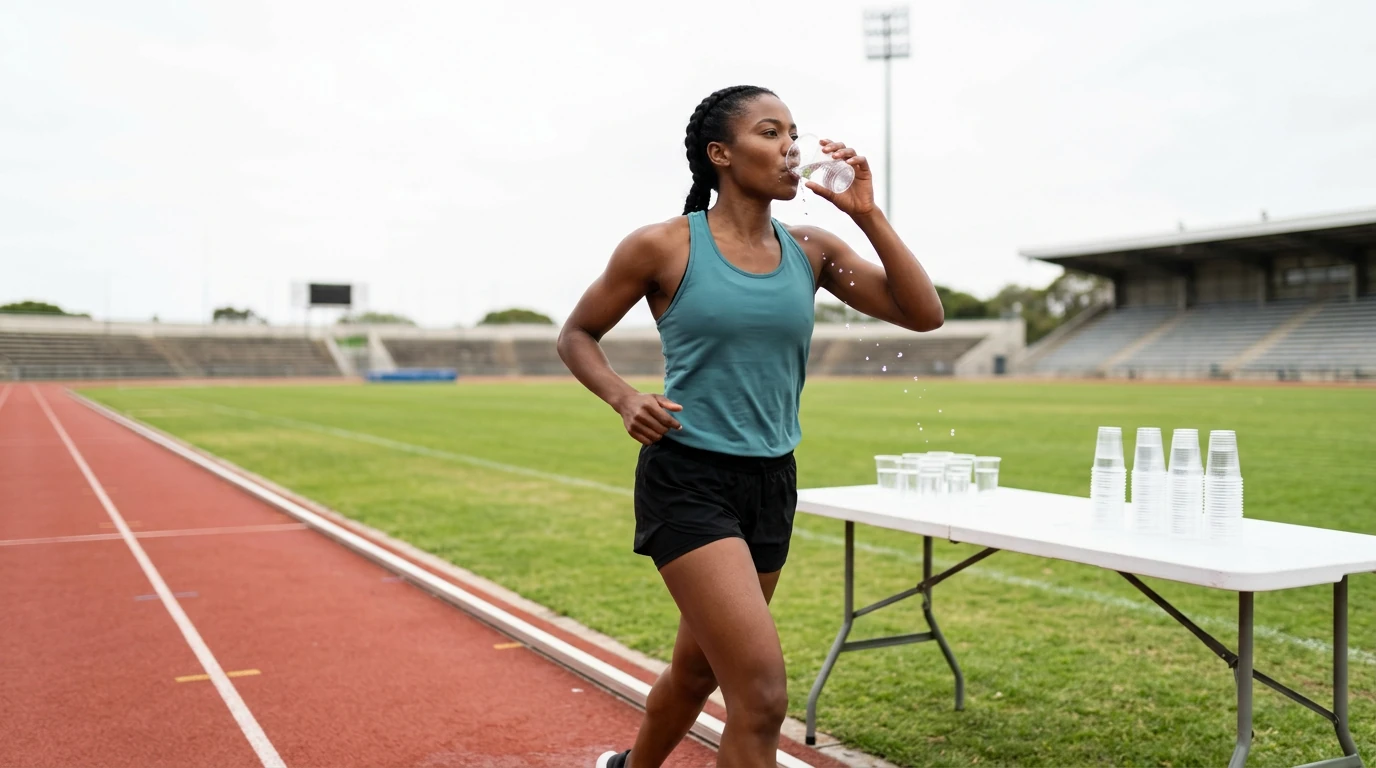 hydratation pendant une course de 10 km, coureur buvant à un ravitaillement