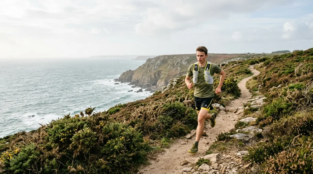 coureur en préparation pour un trail de 30 km sur sentier côtier