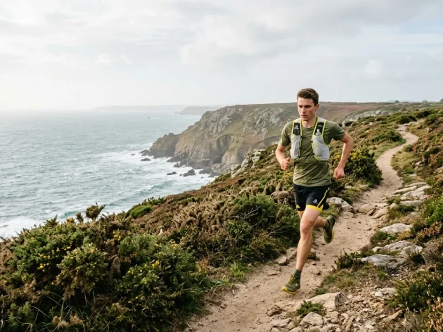 coureur en préparation pour un trail de 30 km sur sentier côtier