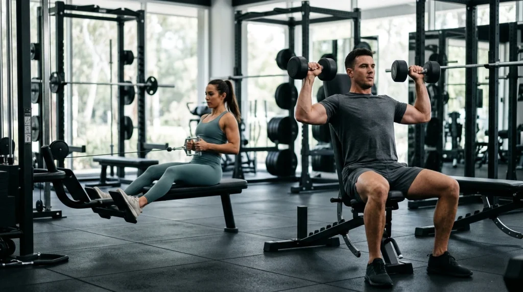 Duo s'entraînant en salle pour illustrer un programme de musculation sur 5 jours par semaine