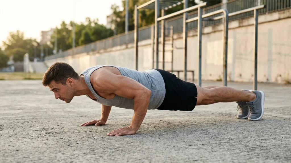 personne en train de faire un push-up, corps aligné, mains sous les épaules