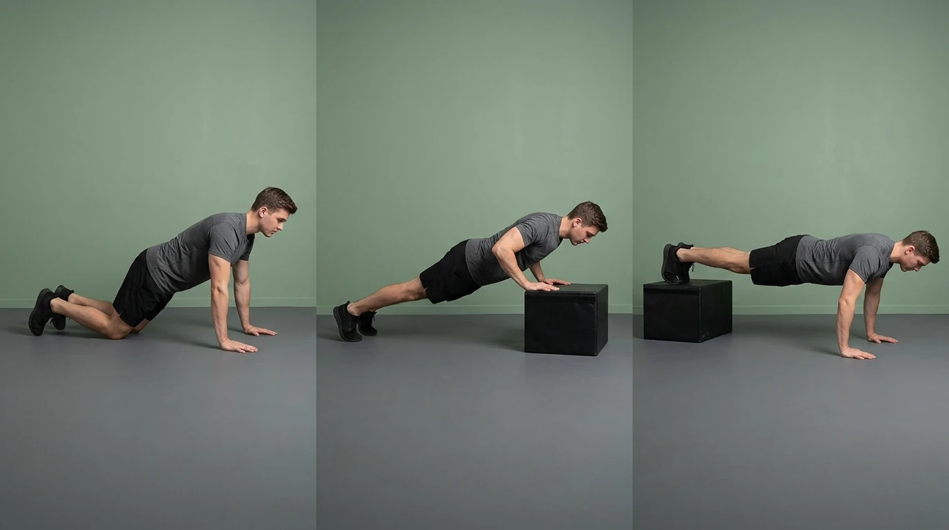 trois variantes de push-up : genoux, inclinée, déclinée