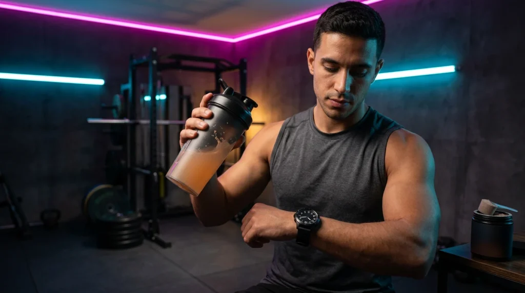 preparer son pre-workout en poudre dans un shaker avant la seance de musculation