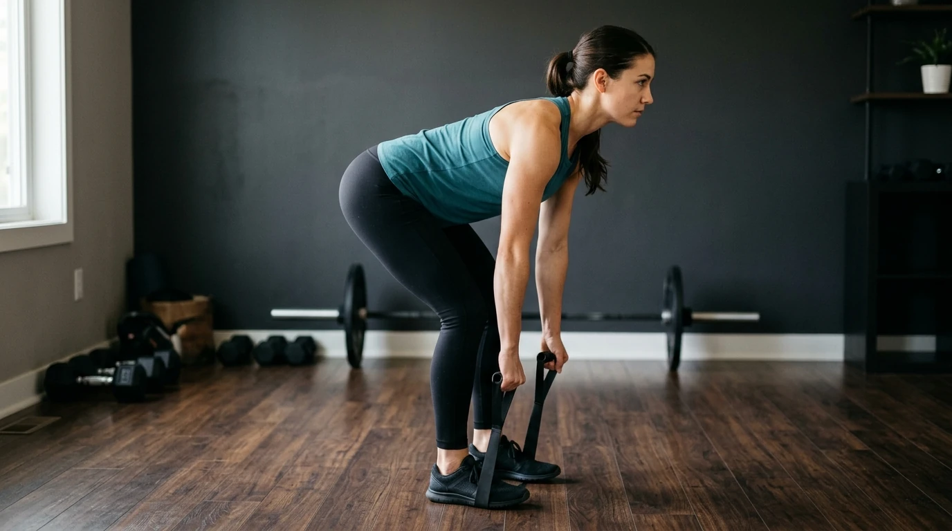 Position de départ du rowing à l'élastique, buste penché et dos droit