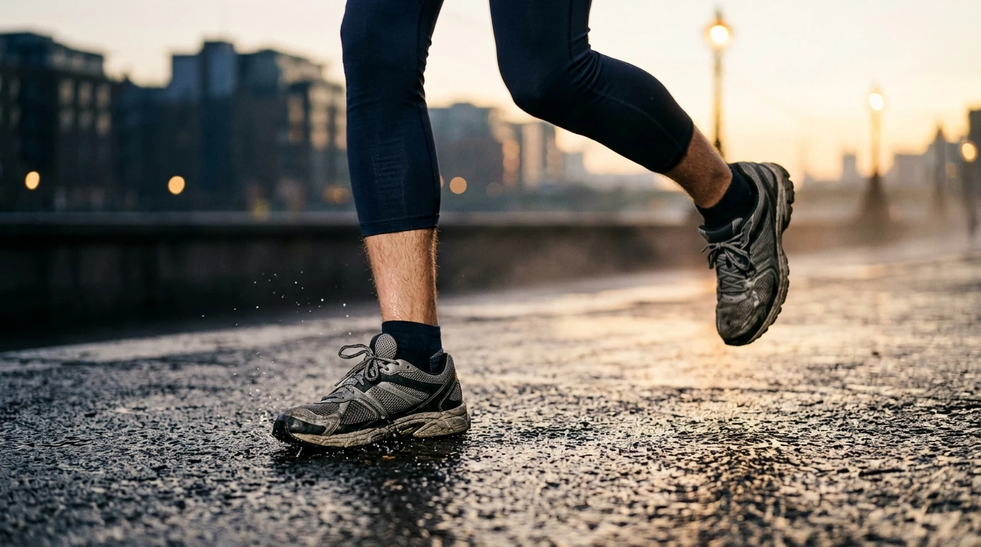 Chaussures de running aux pieds d'un coureur sur un chemin extérieur