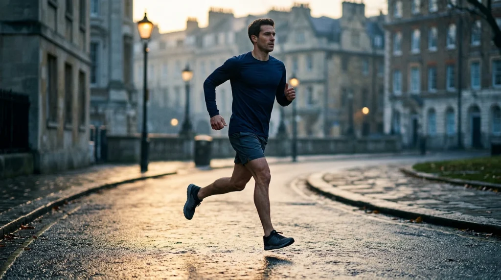 Coureur en pleine foulée sur un parcours urbain au lever du jour