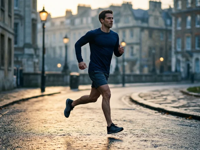 Coureur en pleine foulée sur un parcours urbain au lever du jour