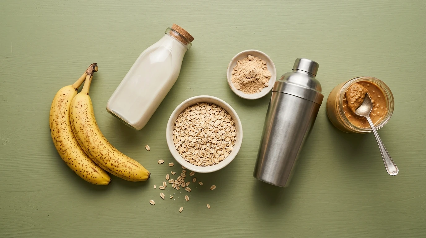 Ingrédients d'un smoothie à l'avoine pour la prise de masse : flocons, banane, lait, protéine