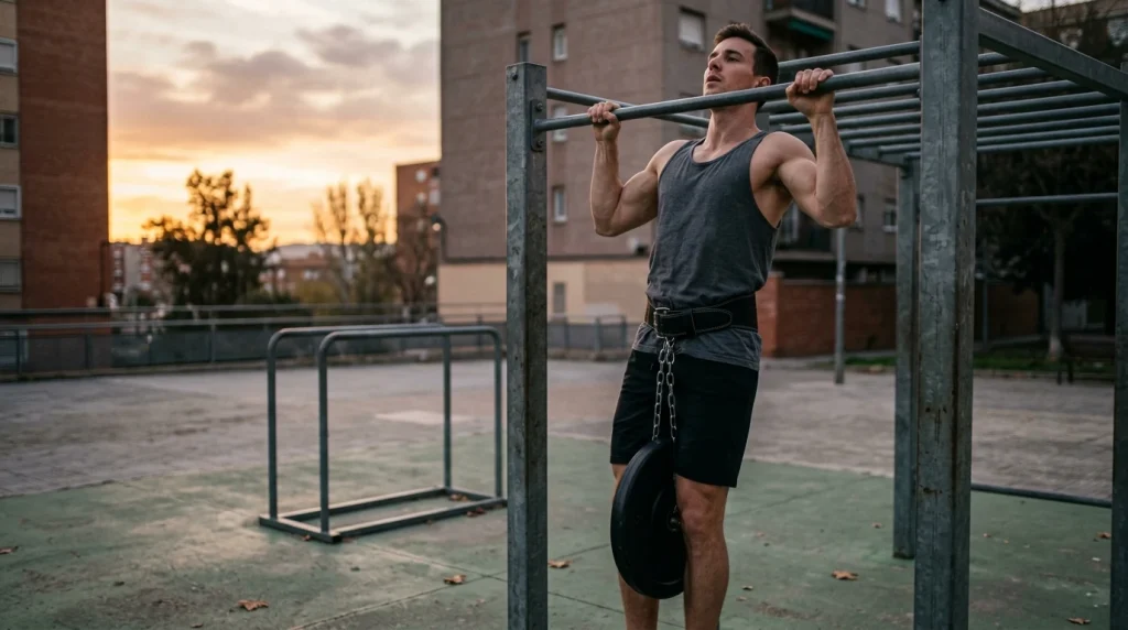 Pratiquant realisant une traction lestee en street lifting, ceinture de lest et charge additionnelle visibles