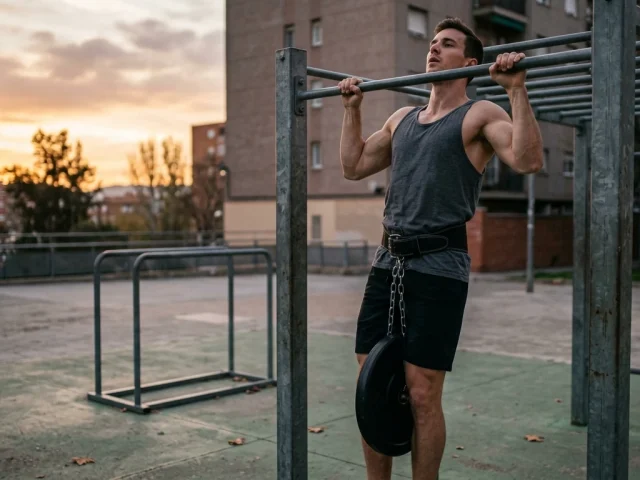 Pratiquant realisant une traction lestee en street lifting, ceinture de lest et charge additionnelle visibles